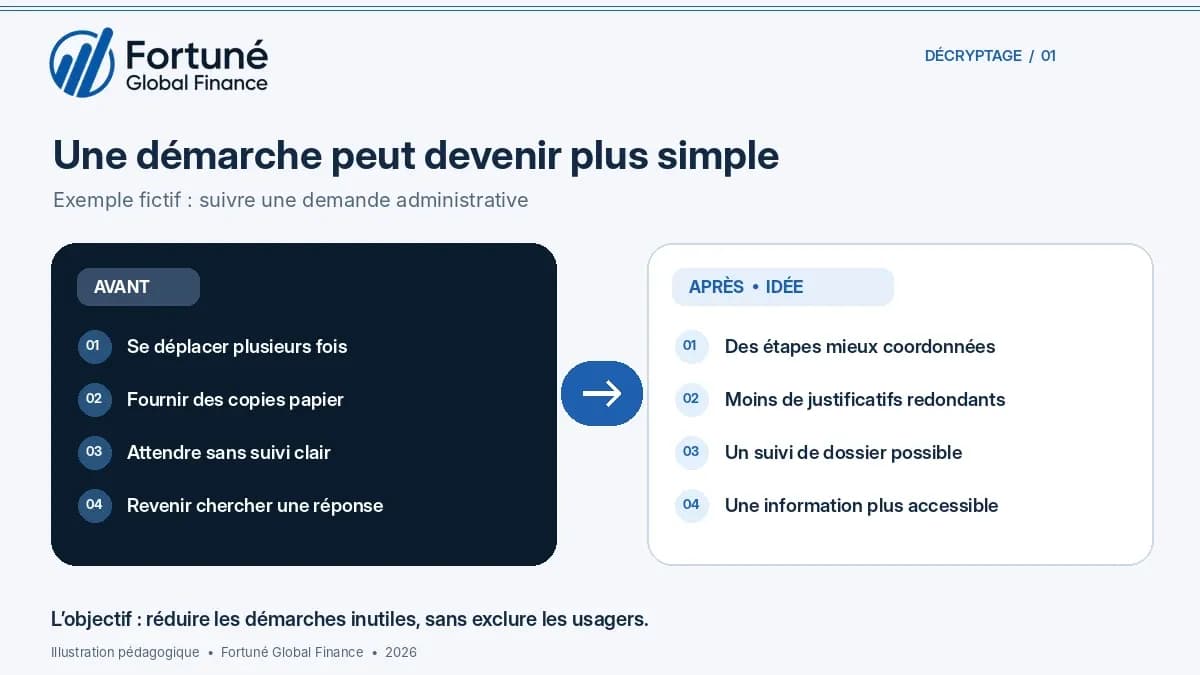 Illustration pédagogique avant après d’une procédure administrative simplifiée au Bénin